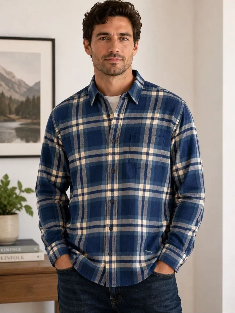 JW Anderson x Uniqlo Flannel Shirt Men’s XL Blue Plaid 100% Cotton Button Up #17